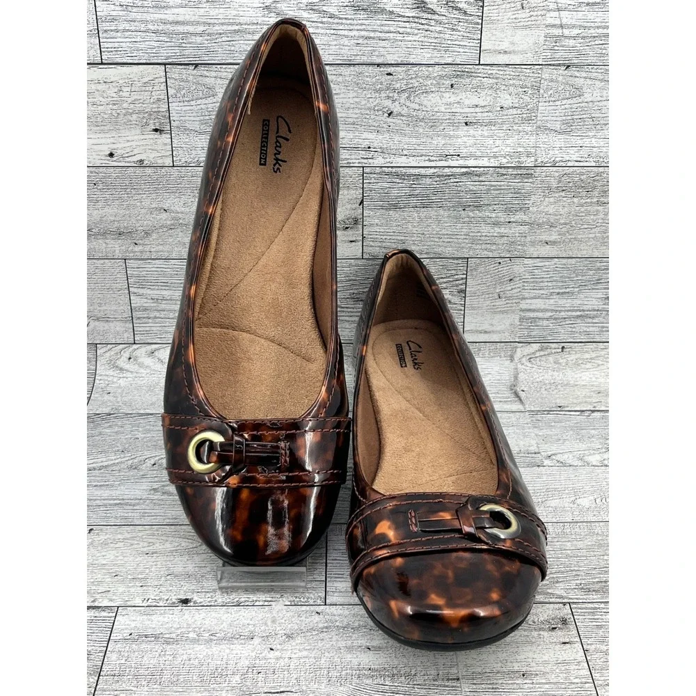 Clarks Collection Brown Tortoise Shell Patent Flats Shoes‎ 26103331 Women 8M